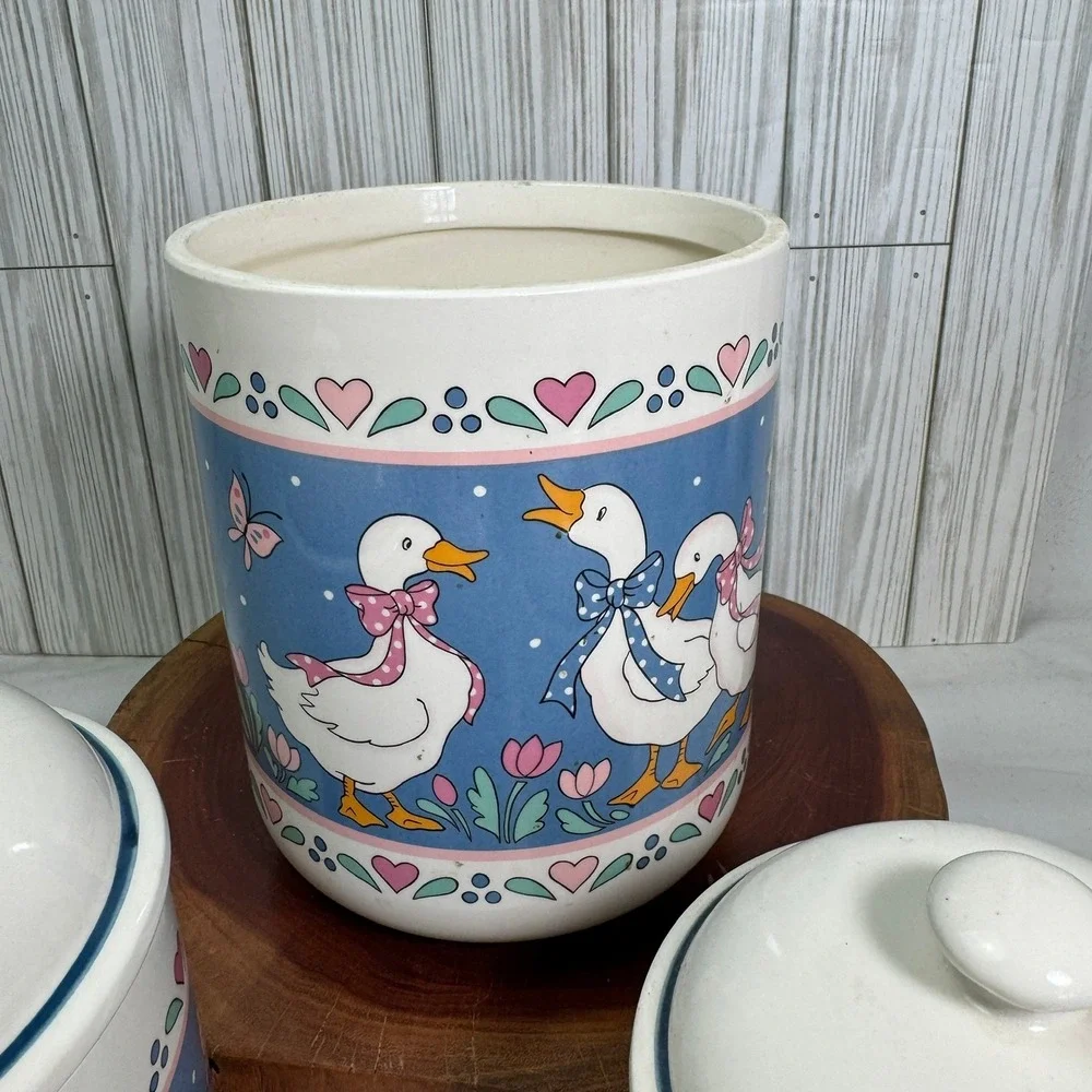 Vintage Country Goose Ceramic Canister Set 4 Piece Blue Pink Hearts 80s Kitchen